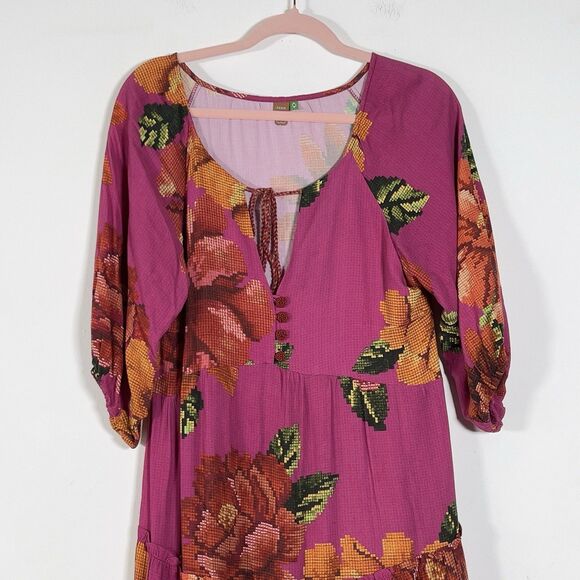 Farm Rio Tiered Midi Dress Womens Sz P (Small) Pink Floral Puff Sleeve - Picture 3 of 11